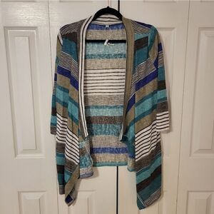 NWT Euovmy teal/blue/grey/white striped 1/2 sleeve open cardigan